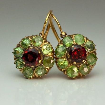 Vintage Rounded Green & Red Crystal Earrings | Gold 16k