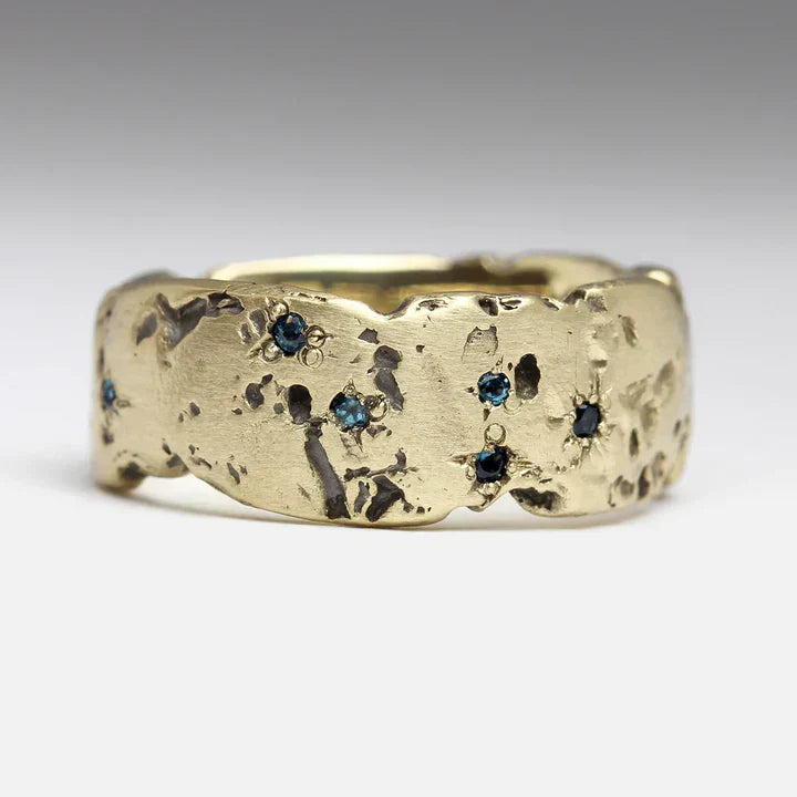Antique Golden Forged Blue Inlaid Crystal Ring | Gold 16k
