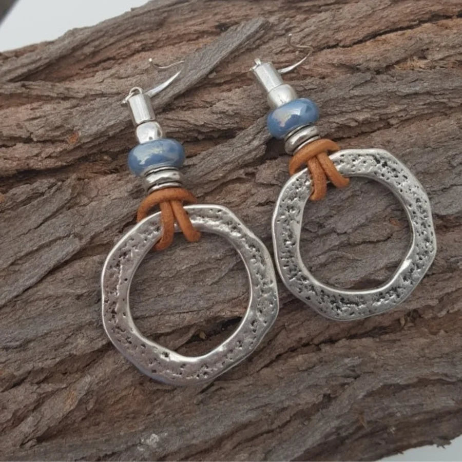 Antique Boho Silver Circle Earrings | White Gold 14k