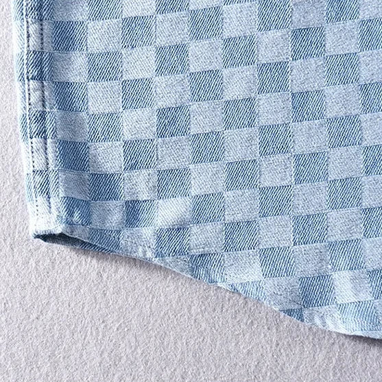 Checkered Short Sleeve Denim Button-Up Shirt