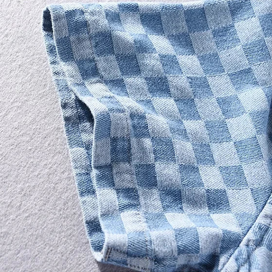 Checkered Short Sleeve Denim Button-Up Shirt