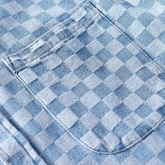 Checkered Short Sleeve Denim Button-Up Shirt