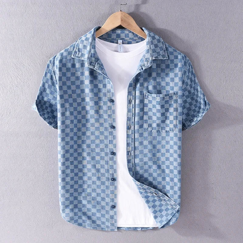 Checkered Short Sleeve Denim Button-Up Shirt