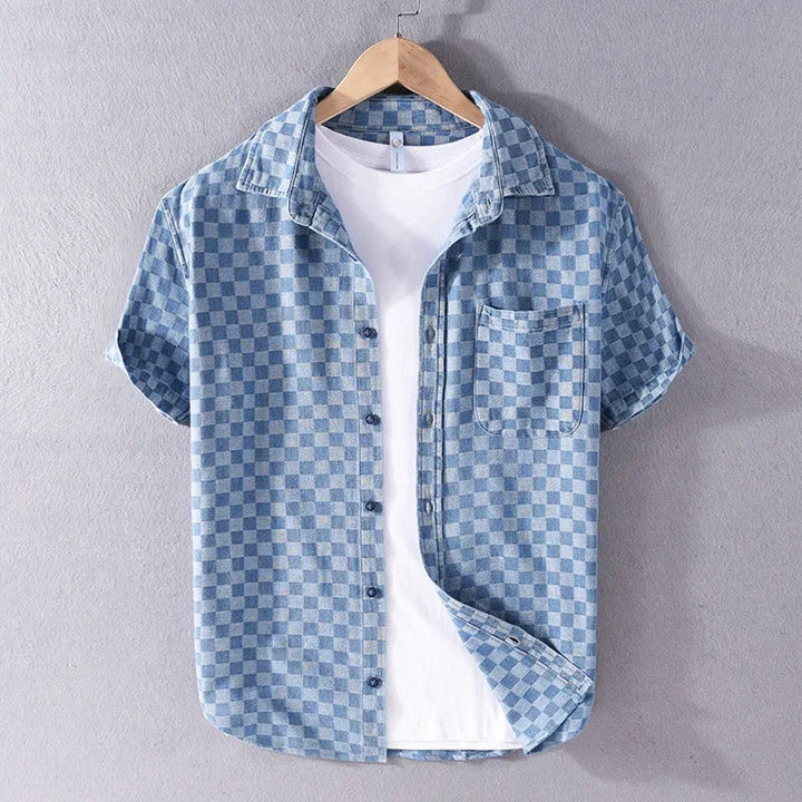 Checkered Short Sleeve Denim Button-Up Shirt