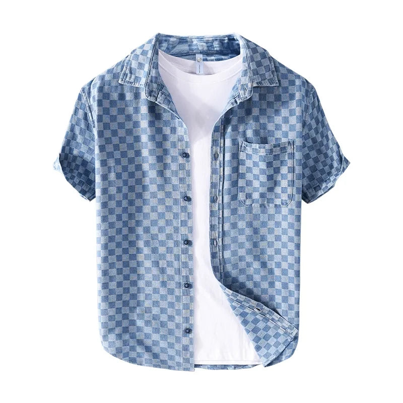 Checkered Short Sleeve Denim Button-Up Shirt