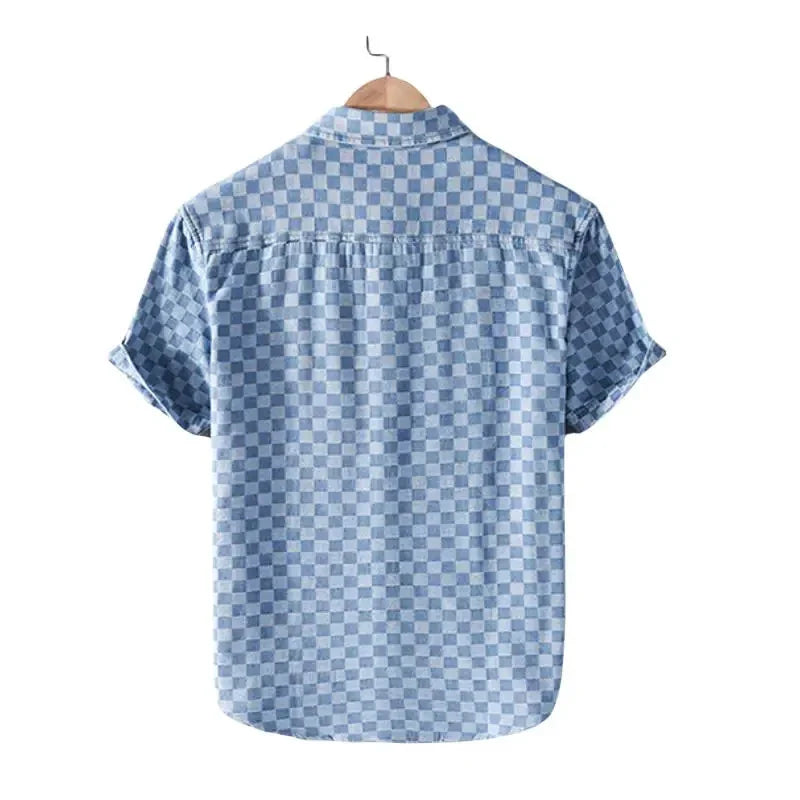 Checkered Short Sleeve Denim Button-Up Shirt