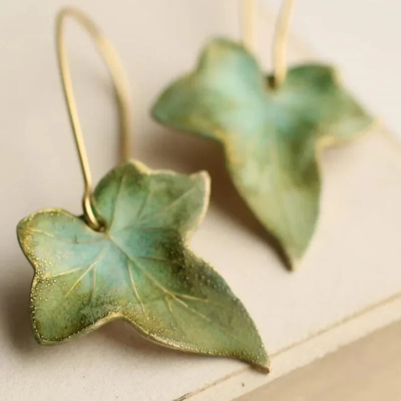 Antique Green Leaf Earrings | Gold 14k