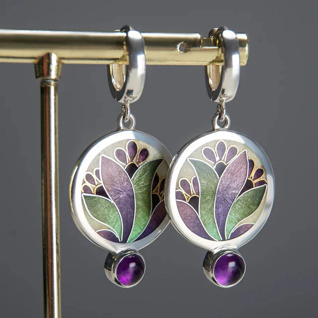 Vintage Boho Earrings with Purple Crystals | White Gold 16k