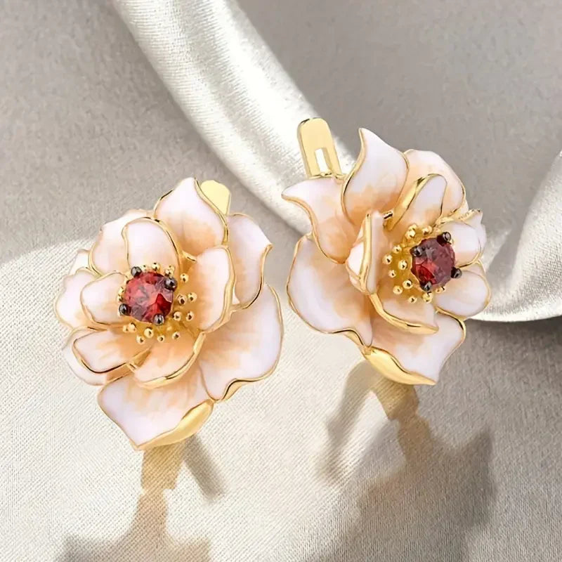 White Flower Red Zirconia Earrings | Gold 16k