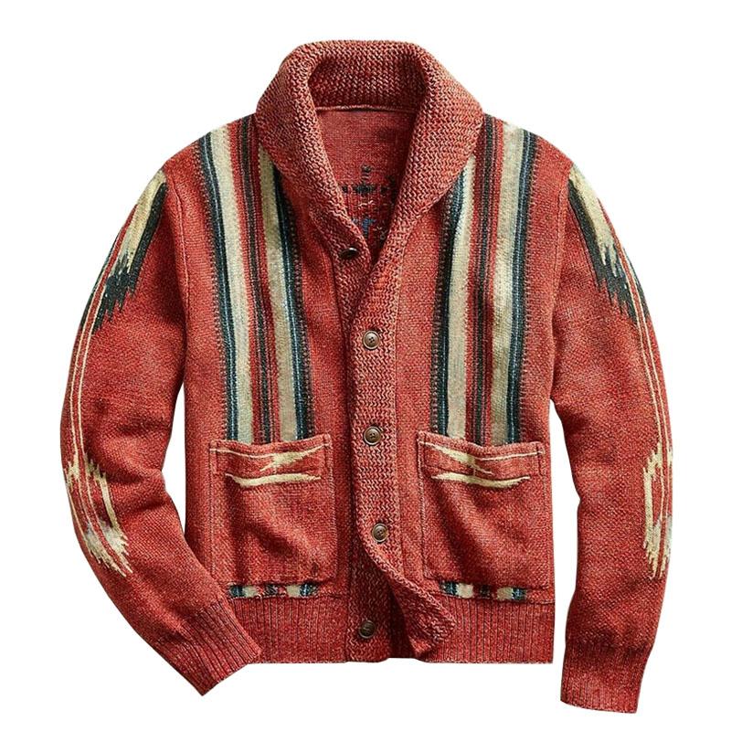 Herren Vintage Jacquard Strick-Cardigan mit Reverskragen und langen Ärmeln