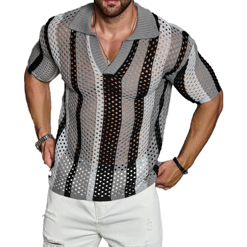 Herren Mesh-Strick-Poloshirt mit Streifenmuster