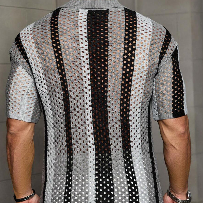 Herren Mesh-Strick-Poloshirt mit Streifenmuster