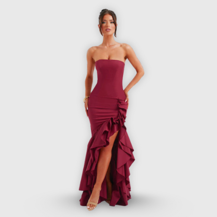 Vanessa | Schulterfreies Maxikleid mit Volants Handgefertigt