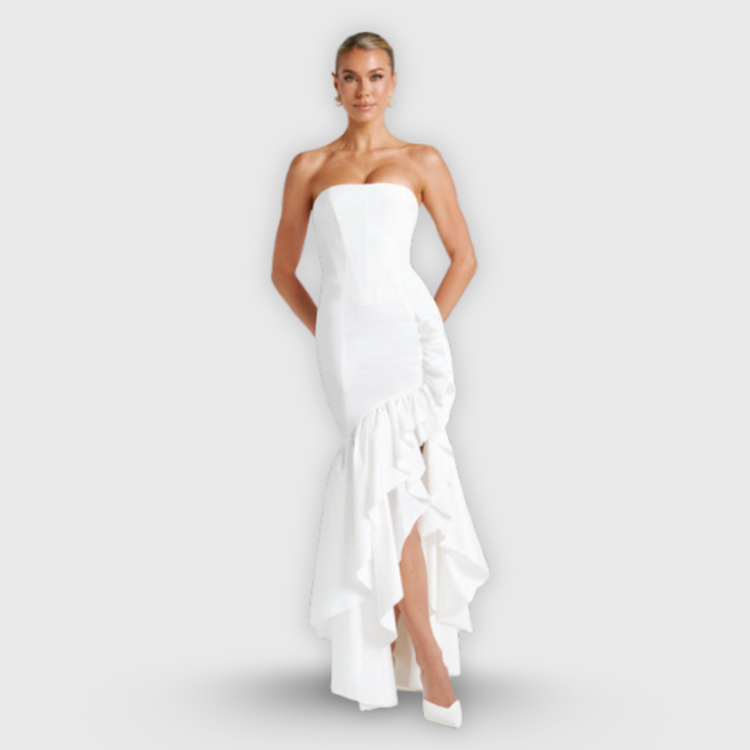 Vanessa | Schulterfreies Maxikleid mit Volants Handgefertigt