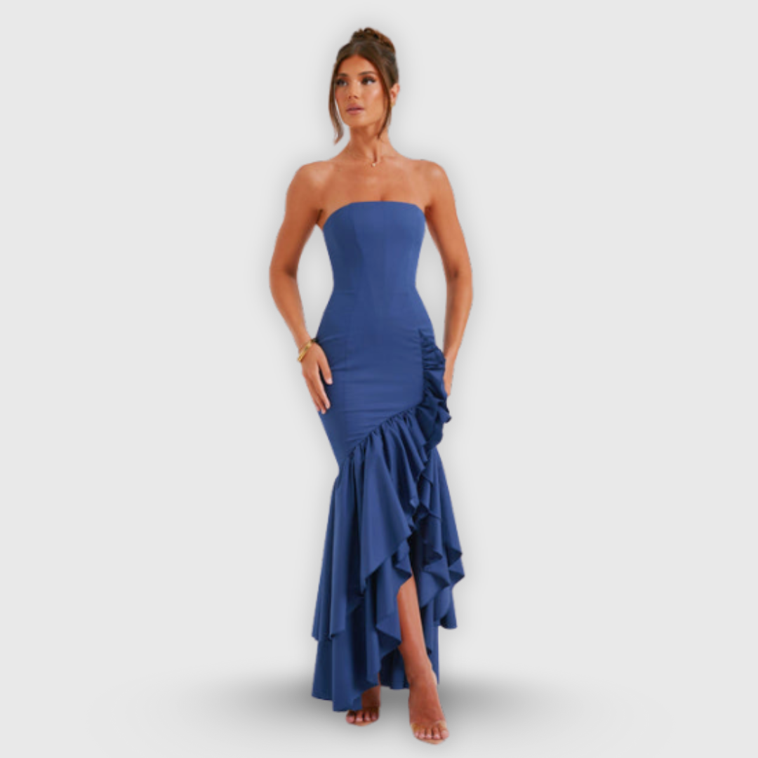 Vanessa | Schulterfreies Maxikleid mit Volants Handgefertigt