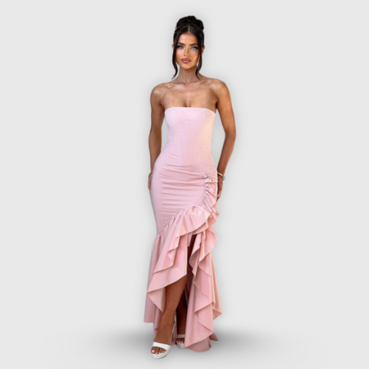 Vanessa | Schulterfreies Maxikleid mit Volants Handgefertigt