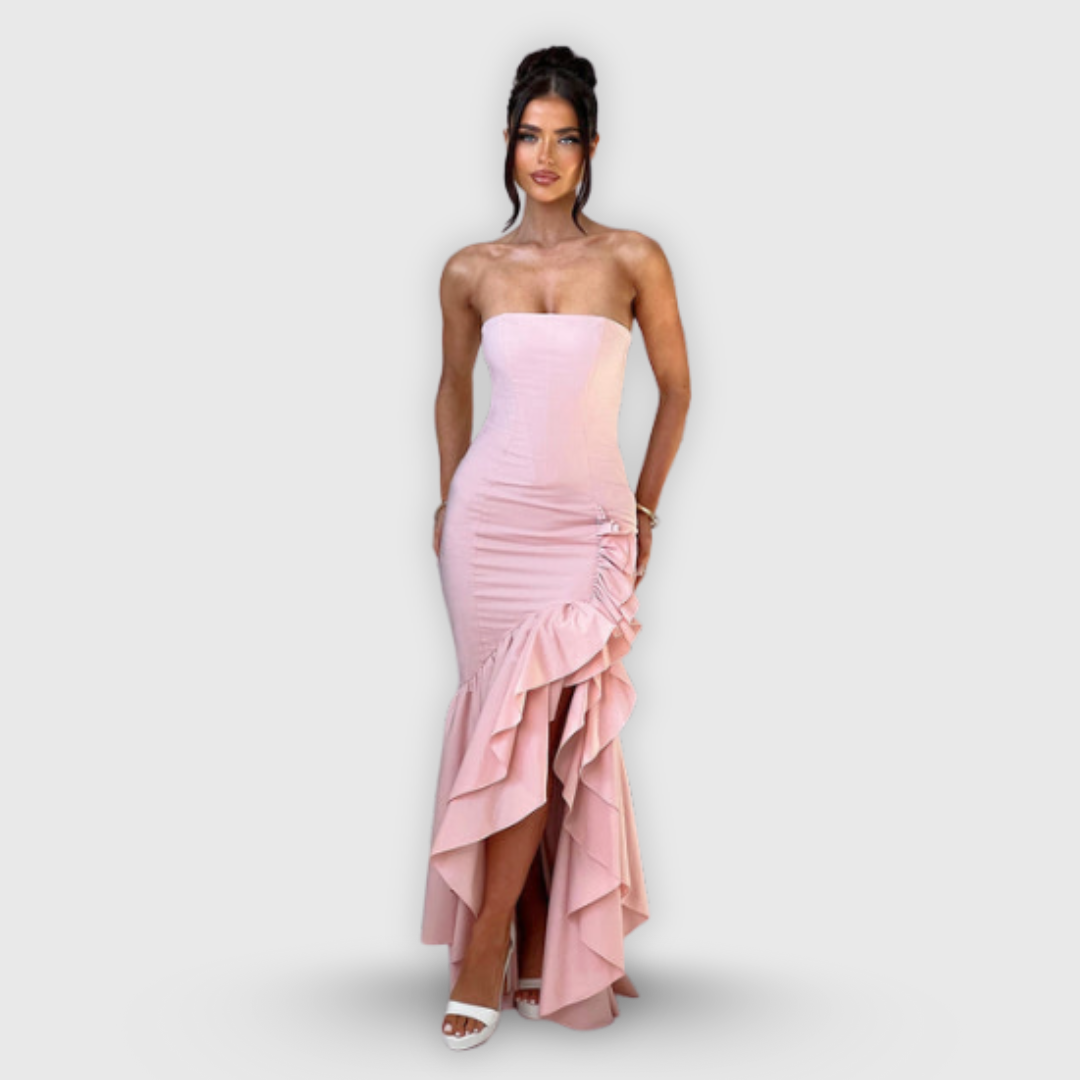 Vanessa | Schulterfreies Maxikleid mit Volants Handgefertigt