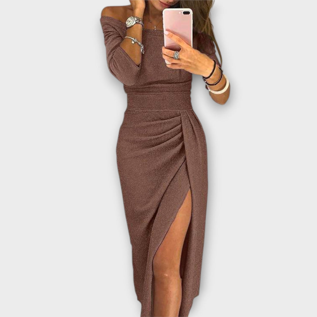 Nikita | Schulterfreies Premium-Kleid mit Glanzeffekt