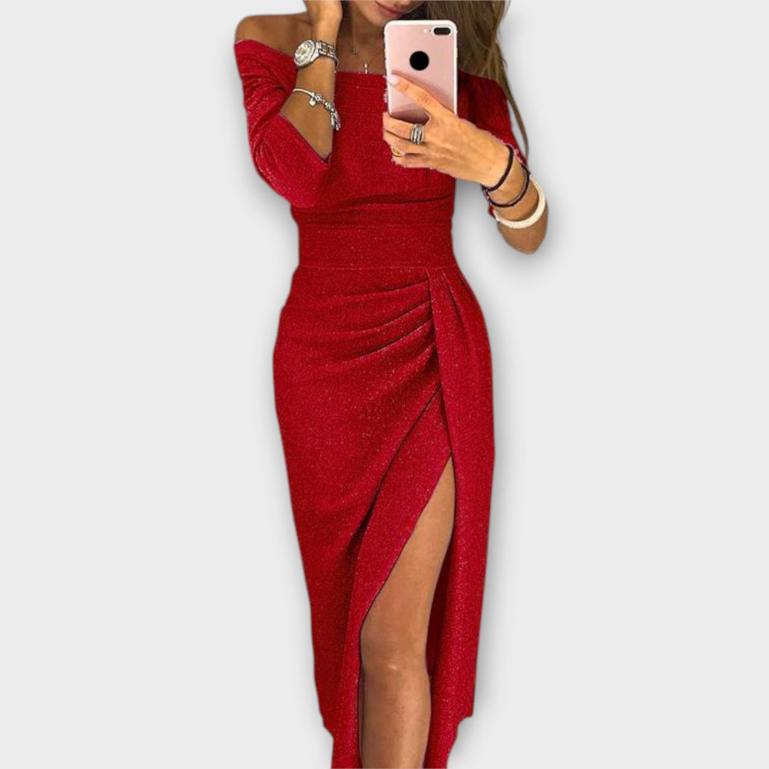 Nikita | Schulterfreies Premium-Kleid mit Glanzeffekt