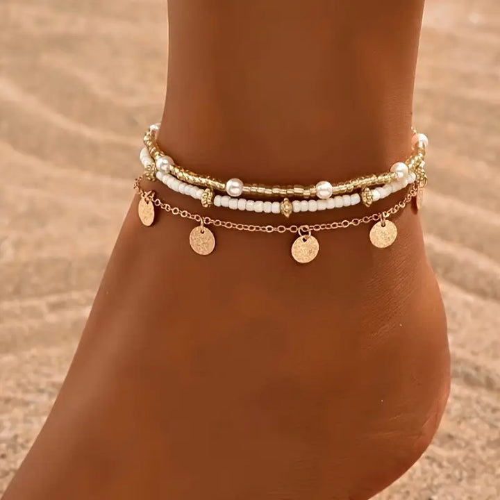 Coastal Charm 3-teiliges, mehrschichtiges Fußkettchen-Set