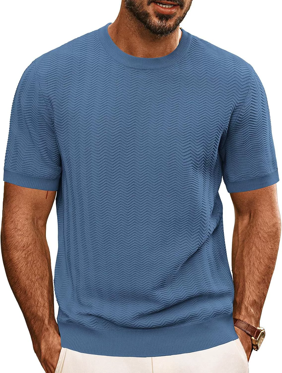 Herren Strick T-Shirt – Kurzarmshirt mit Rundhalsausschnitt in Uni-Farben