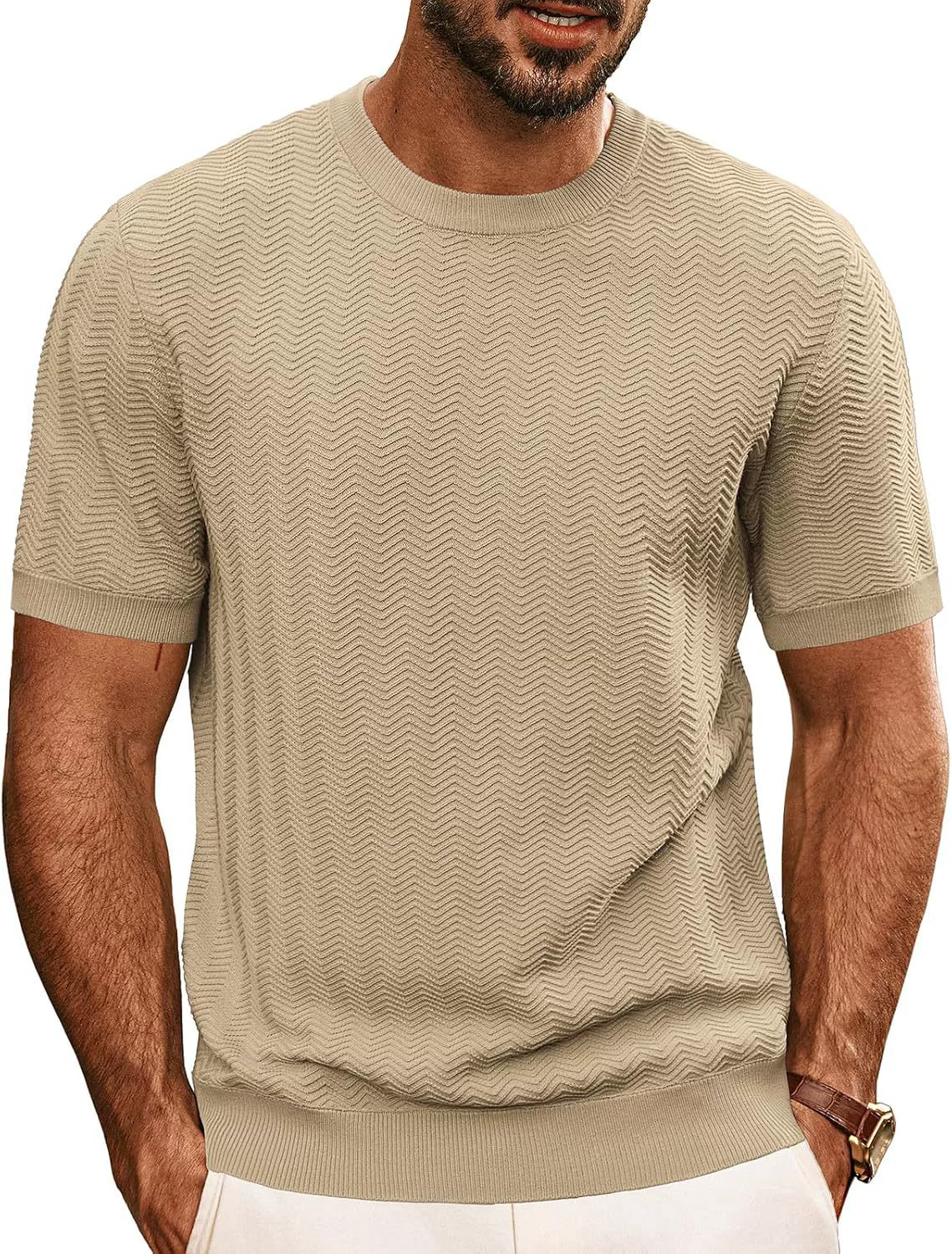 Herren Strick T-Shirt – Kurzarmshirt mit Rundhalsausschnitt in Uni-Farben