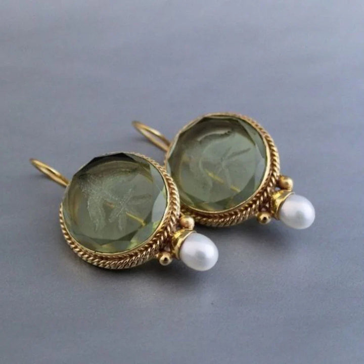 Antique Rounded Green Stone Pearl Earrings | White Gold 16k