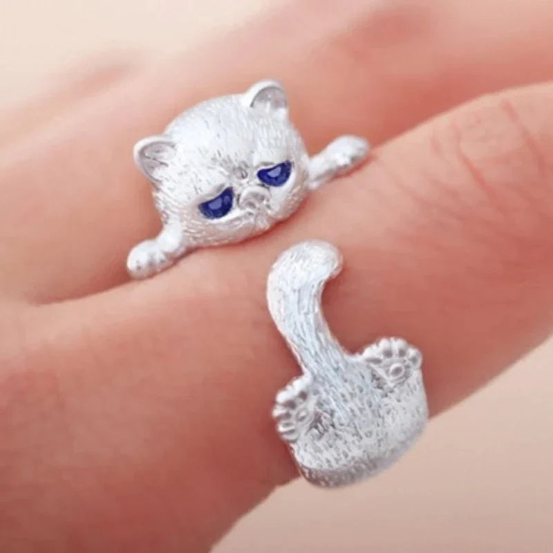 Adjustable 925 Sterling Silver Kitten Ring | White Gold 16k