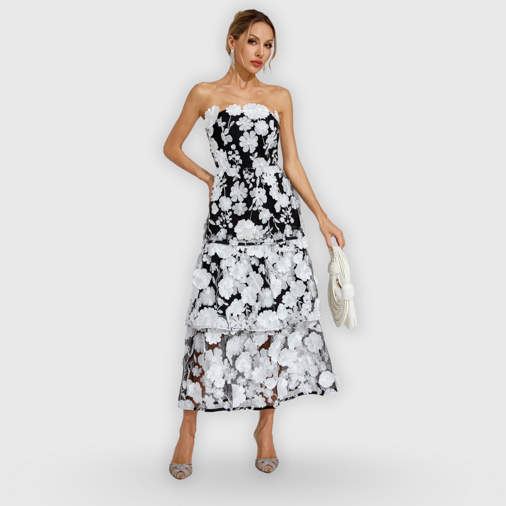 Marzia | Schulterfreies Premiumkleid mit Blumenapplikationen