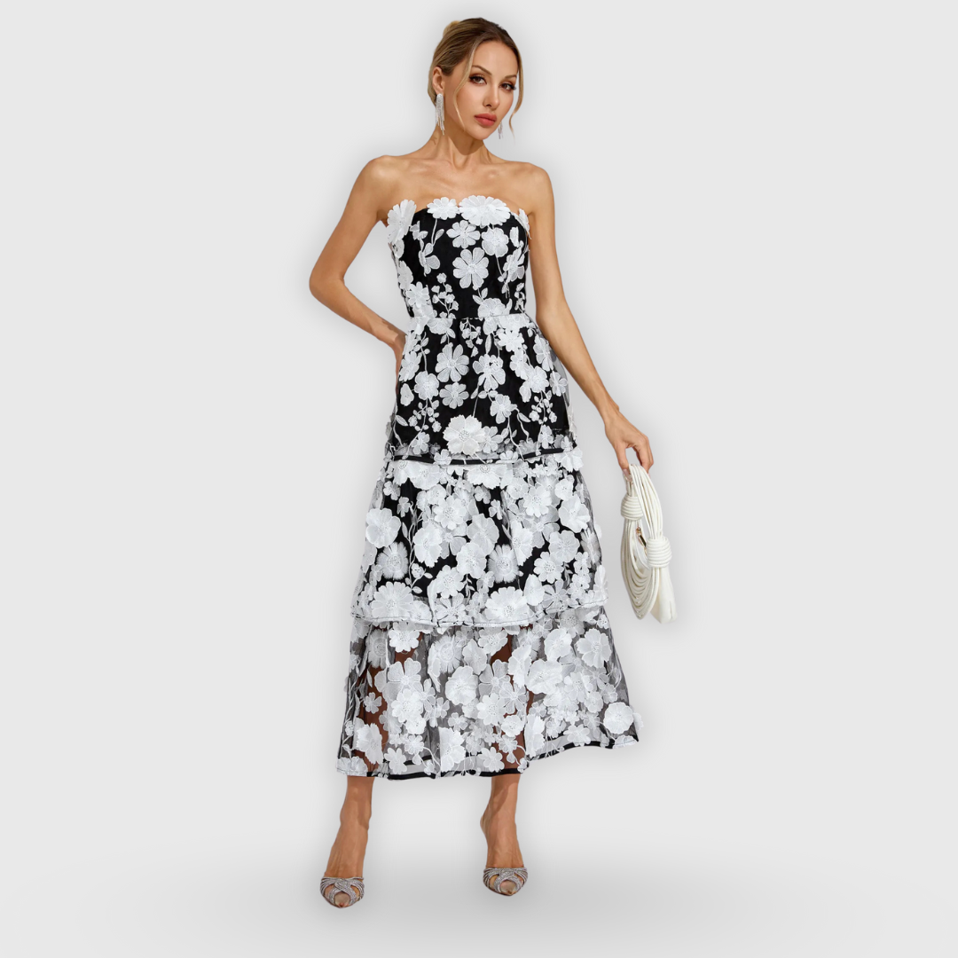 Marzia | Schulterfreies Premiumkleid mit Blumenapplikationen