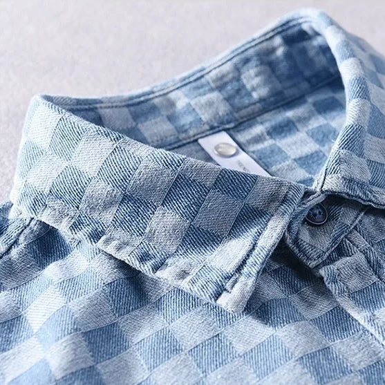 Checkered Short Sleeve Denim Button-Up Shirt