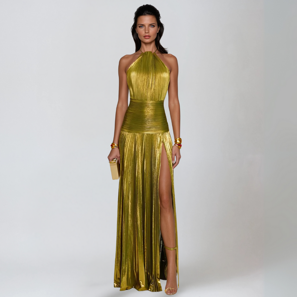 Nerina | Langes Metallic-Kleid mit Rückenausschnitt