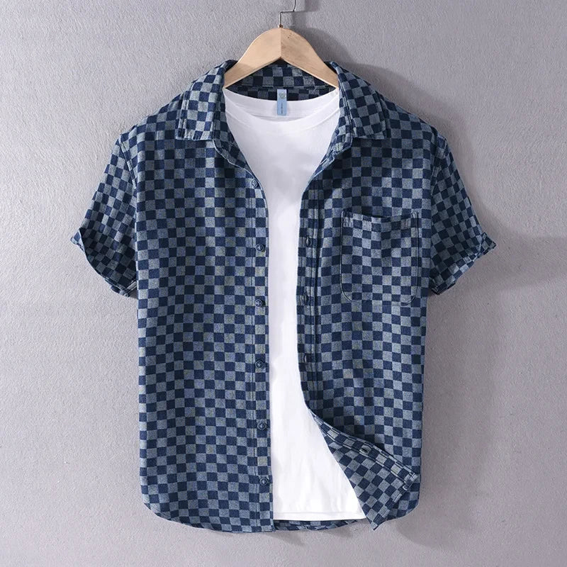 Checkered Short Sleeve Denim Button-Up Shirt