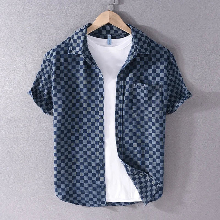 Checkered Short Sleeve Denim Button-Up Shirt
