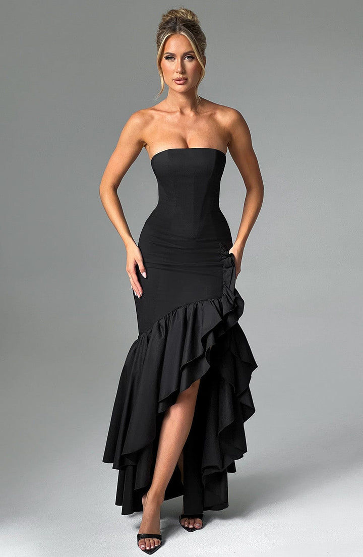 Vanessa | Schulterfreies Maxikleid mit Volants Handgefertigt