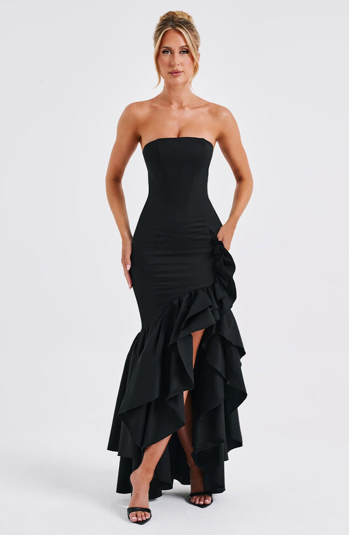 Vanessa | Schulterfreies Maxikleid mit Volants Handgefertigt
