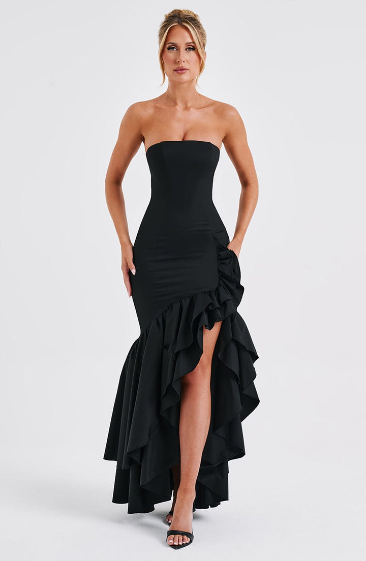 Vanessa | Schulterfreies Maxikleid mit Volants Handgefertigt