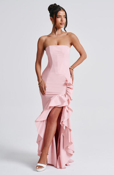 Vanessa | Schulterfreies Maxikleid mit Volants Handgefertigt