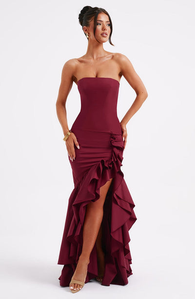 Vanessa | Schulterfreies Maxikleid mit Volants Handgefertigt