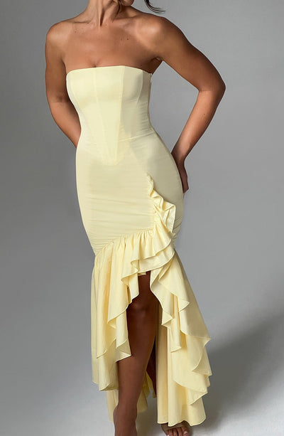 Vanessa | Schulterfreies Maxikleid mit Volants Handgefertigt