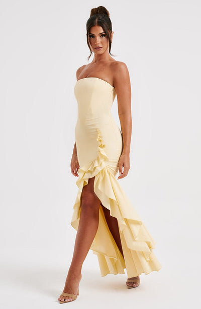Vanessa | Schulterfreies Maxikleid mit Volants Handgefertigt