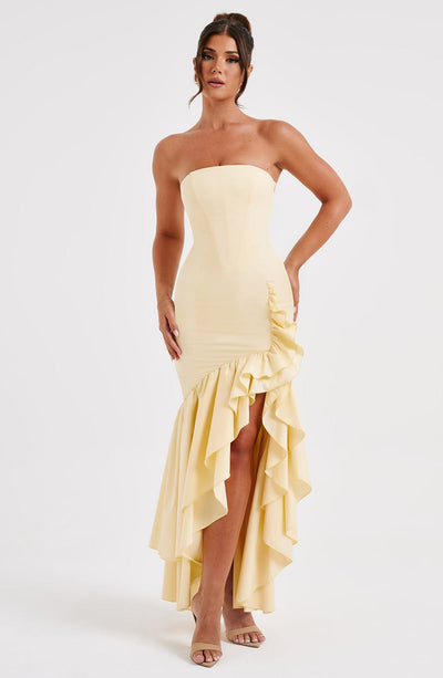 Vanessa | Schulterfreies Maxikleid mit Volants Handgefertigt