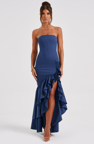 Vanessa | Schulterfreies Maxikleid mit Volants Handgefertigt