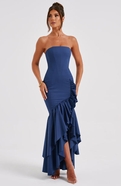 Vanessa | Schulterfreies Maxikleid mit Volants Handgefertigt