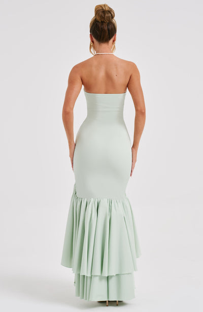 Vanessa | Schulterfreies Maxikleid mit Volants Handgefertigt