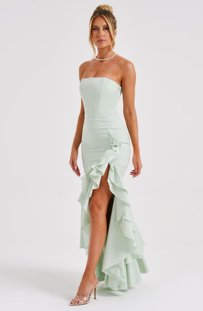 Vanessa | Schulterfreies Maxikleid mit Volants Handgefertigt