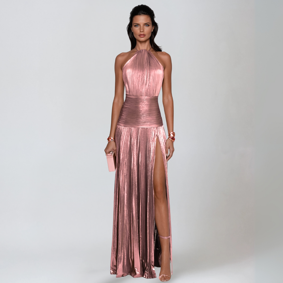 Nerina | Langes Metallic-Kleid mit Rückenausschnitt