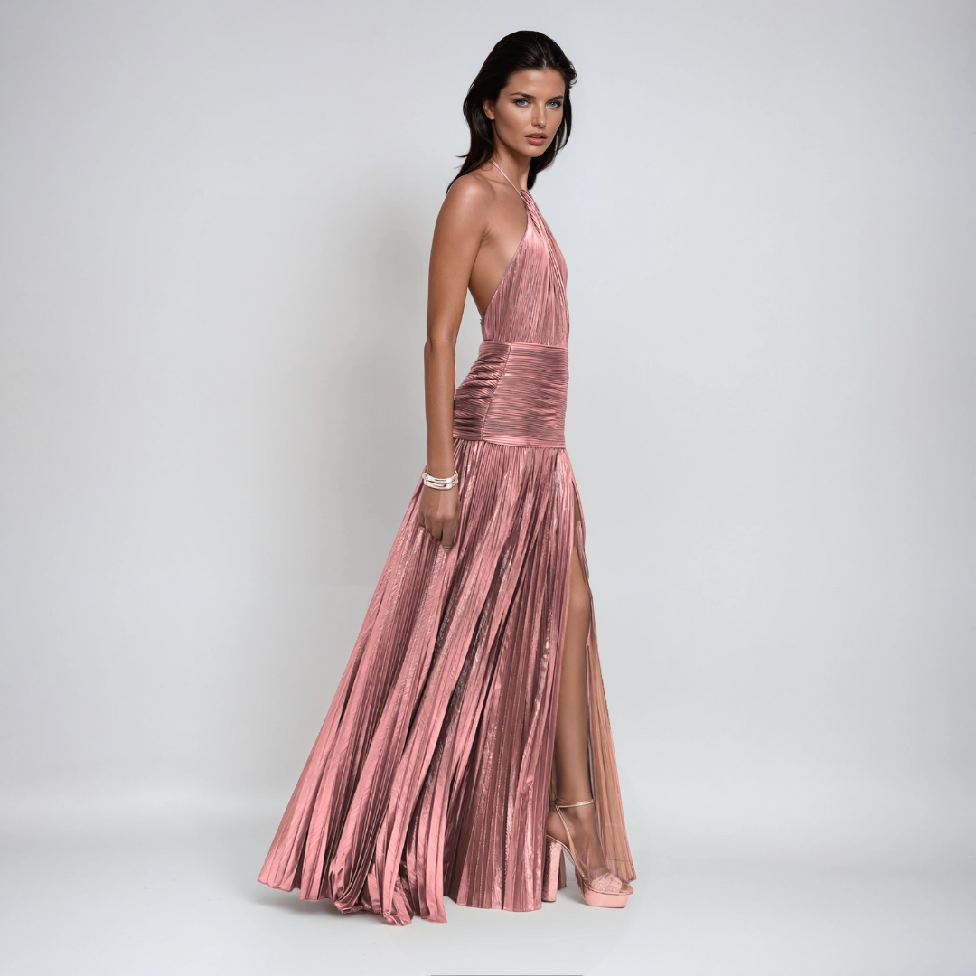 Nerina | Langes Metallic-Kleid mit Rückenausschnitt