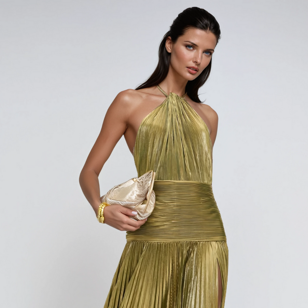 Nerina | Langes Metallic-Kleid mit Rückenausschnitt